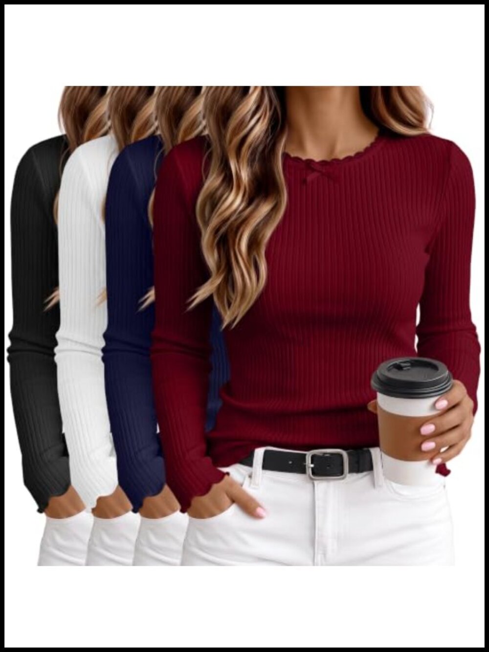 Lace Long Sleeve Ribbed Knit Tops Slim Fit Crew Neck Pullover Women's 4 Pack